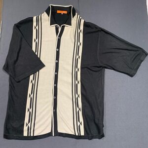 90s Men's 5X Silk Blend Button Up Shirt Black Cream Geometric Panel Short Sleeve